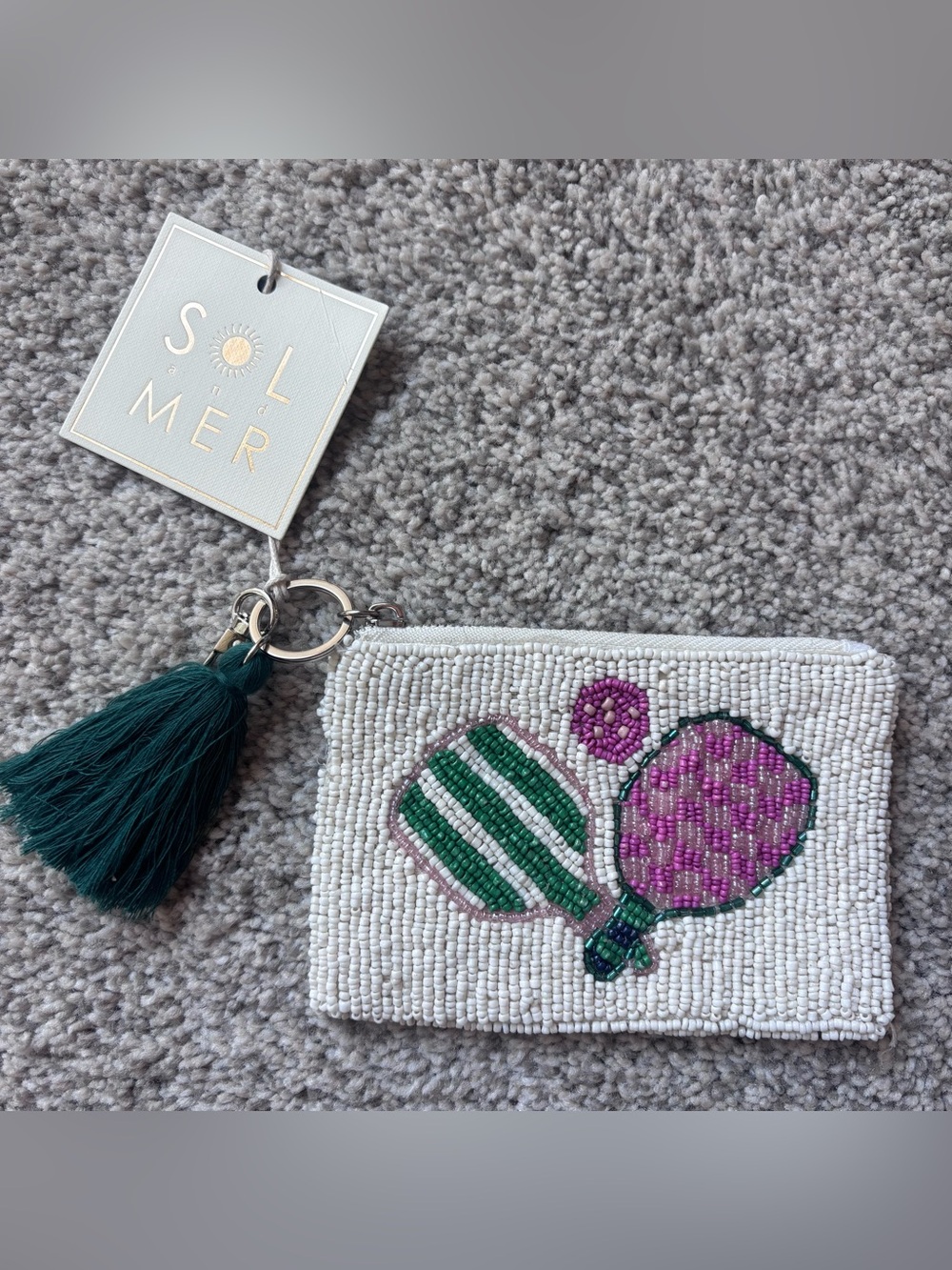 Sol & Mer White Beaded Pickleball Wallet with Green Tassel and Purple